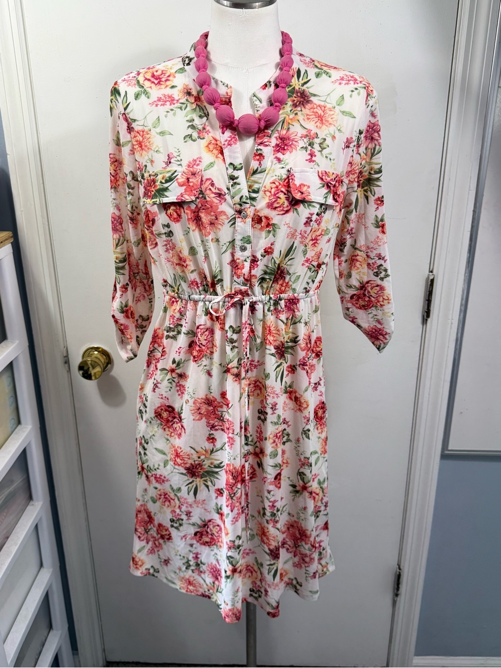 Floral Drawstring Mini Shirt Dress - Pink Floral